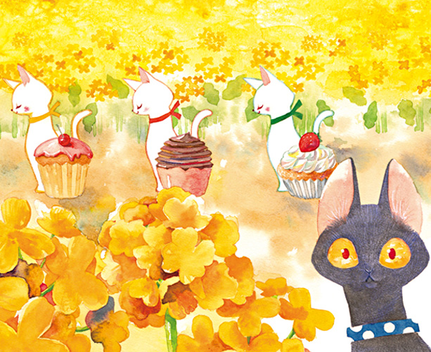 菜の花畑の猫とカップケーキ