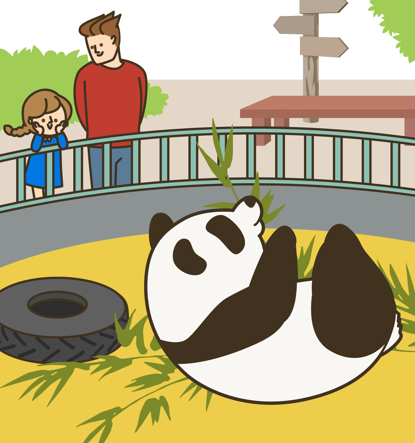 動物園でパンダを見る親子