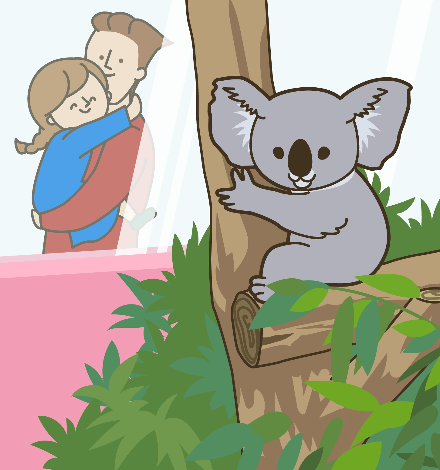 動物園でコアラをみる親子
