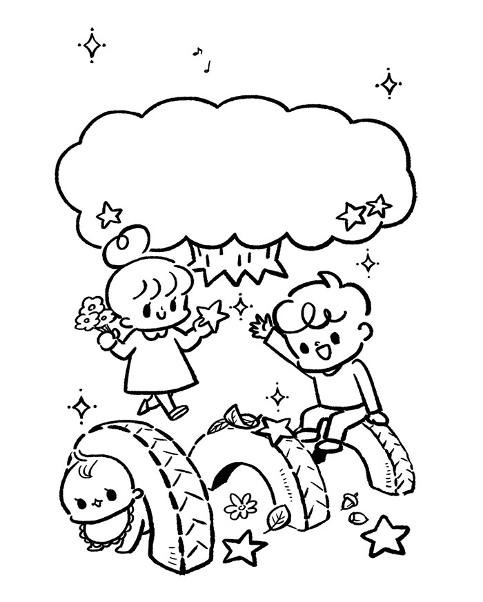 保育園パンプ表紙イラスト タイヤの跳び箱をくぐる園児