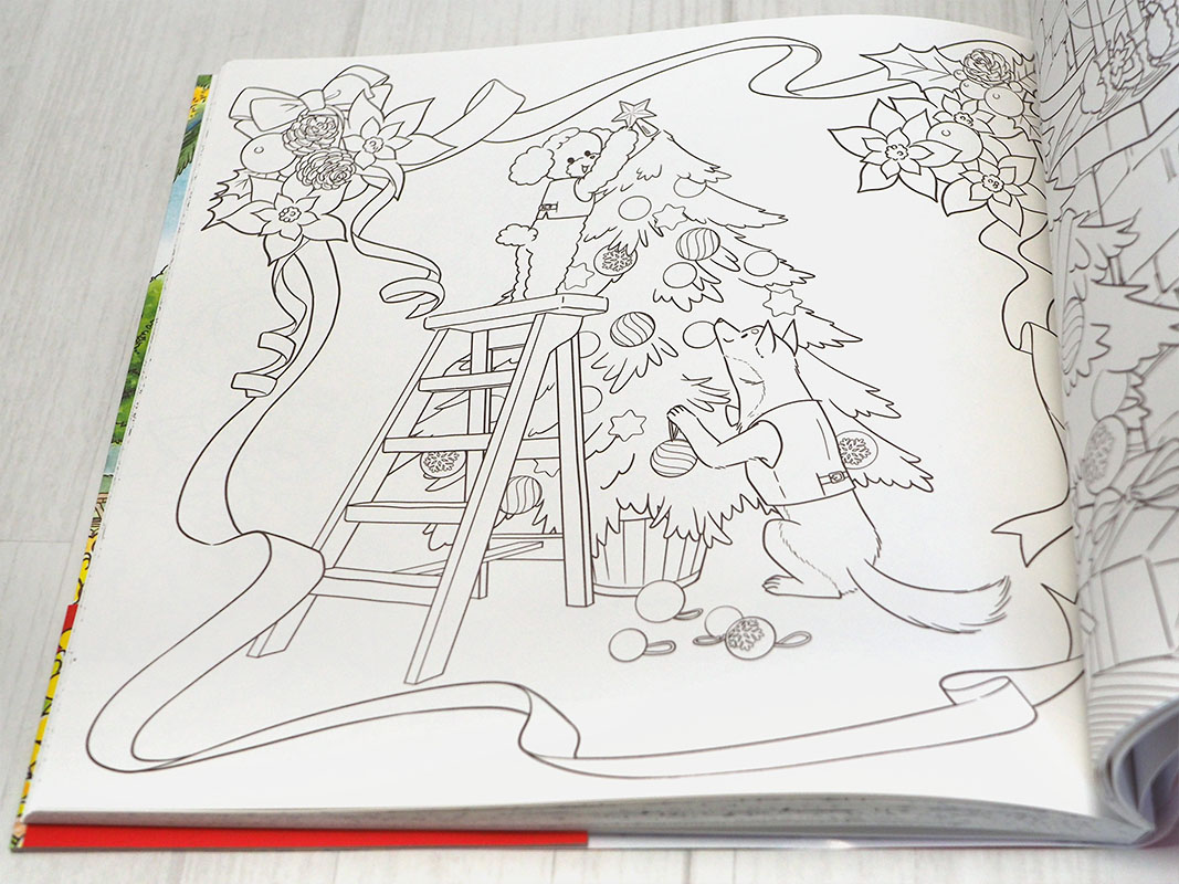 クリスマスツリーの準備をする犬　クマのおいしいレストラン ぬりえBOOK