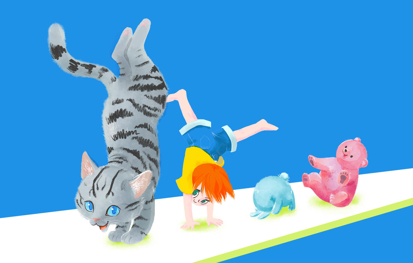 マット運動をする女の子と猫、うさぎ、くま